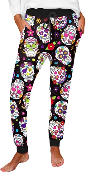 Deerose Women Halloween Pajama Pants Pumpkin Print Sweatpants with Pockets - sugar skull dress