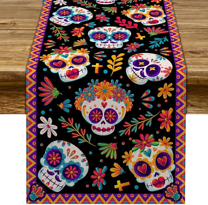 Pudodo Day of The Dead Table Runner Sugar Skull Dia De Los Muertos Mexican Festival Holiday Kitchen Dining Room Home Decoration (13" x 72") - skull floor mat