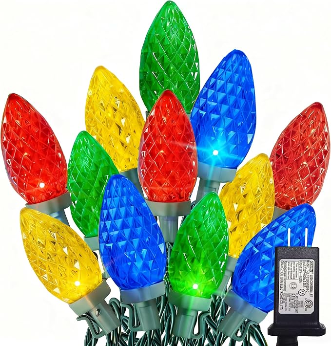 Dazzle Bright C9 Christmas String Lights, 100 LED 66 FT Waterproof Connectable Green Wire Fairy Lights, Christmas Lights for Indoor Outdoor Home Yard Xmas Tree House Decorations (Multi-Colored) - string light