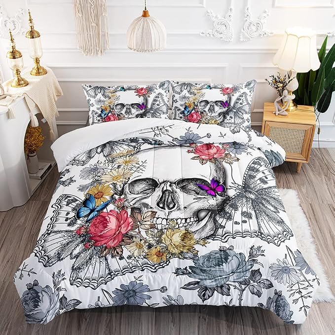 3D Gothic Flower Butterfly Skull Comforter Set 3PC Kids Teens Adults - skull bedding