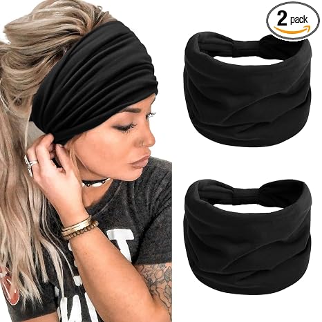 TERSE 2 Packs Headbands for Women Boho Extra Wide 7’’ Black Head Bands African Knotted Non Slip Fashion Hair Band Stretch Yoga Workout Running Gym Hairbands Turban Bandana for Girls - skull headband