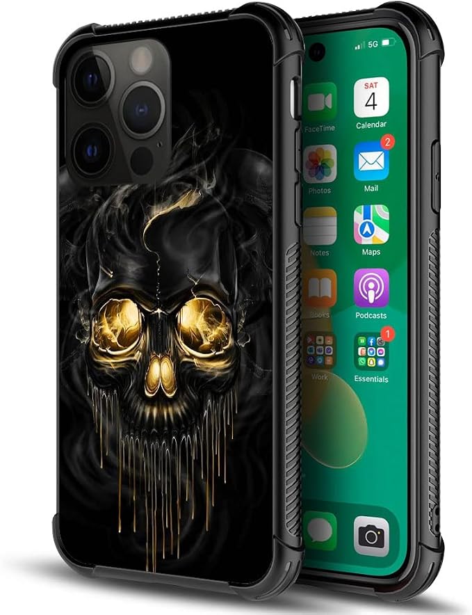 DAIZAG Compatible with iPhone 14 Pro Max Case,All-Round Protection Shockproof Anti-Scratches TPU Cover,Cases for Man Woman-Gold Black Skull - Skull phone case