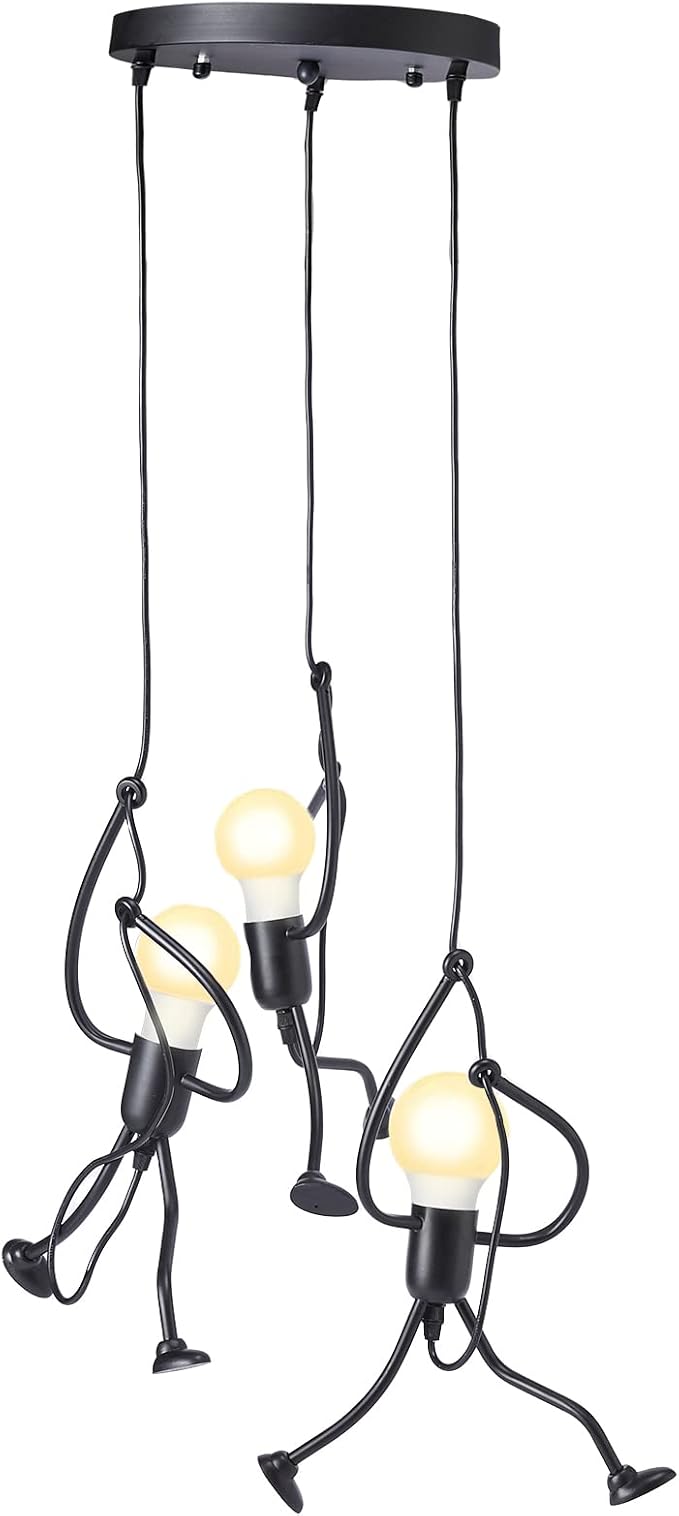 Hanging Man Pendant Light, Swinging Humanoid Fixture, Ceiling, 3-Light Mount Modern Black Industrial Lamp, Stick Figure Lighting Chandelier Kitchen, Hallwa, Bedroom, Dining Room, Entryway 47″ H, Gift