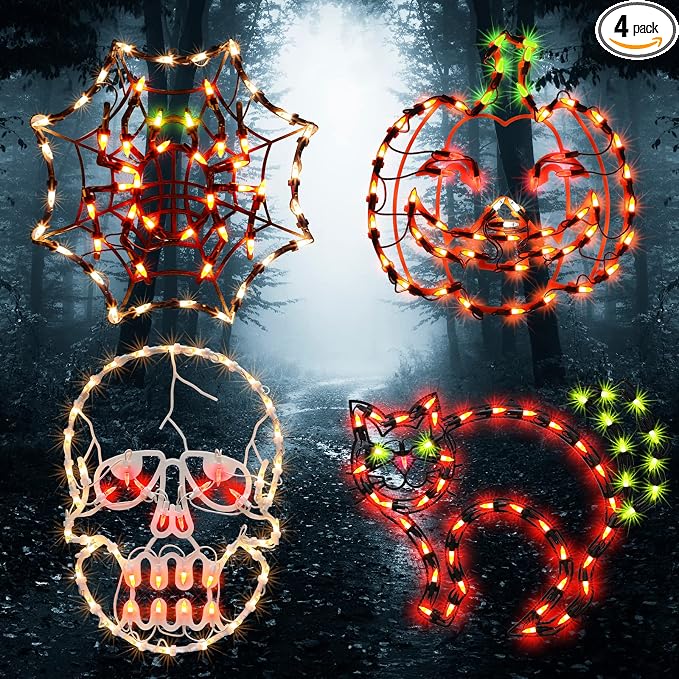Lighted Spider, Bat, Happy Halloween Window Silhouette Decoration - Light Up Hanging Ornament - string light