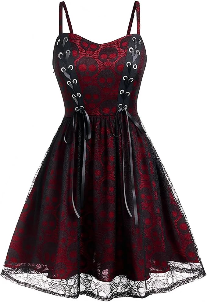 Gothic Clothes Punk Halloween Lace Skeleton Net Sleeveless Strap Drawstring Goth Clothes for Women and Girl（WineRed） - sugar skull dress