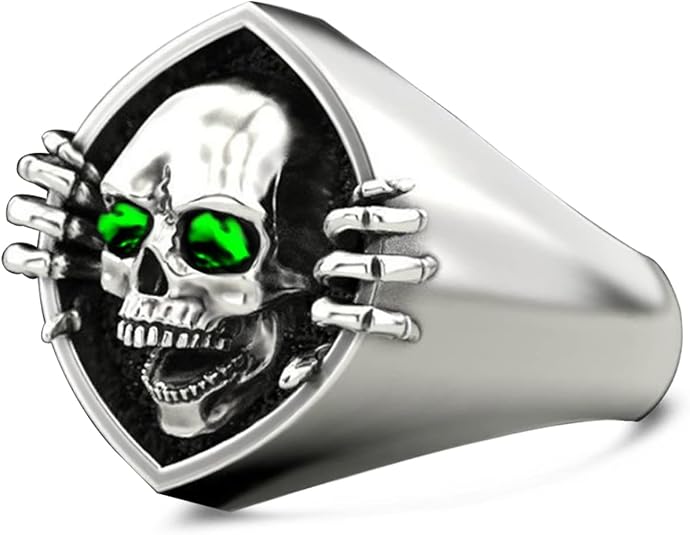 Cool Skull Rings for Women Men,Platinum Plated S925 Sterling Silver Snooping Skull Head Punk Biker Gothic Cocktail Party Halloween Ring - skull plate