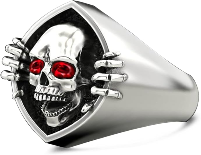 Cool Skull Rings for Women Men,Platinum Plated S925 Sterling Silver Snooping Skull Head Punk Biker Gothic Cocktail Party Halloween Ring - skull plate
