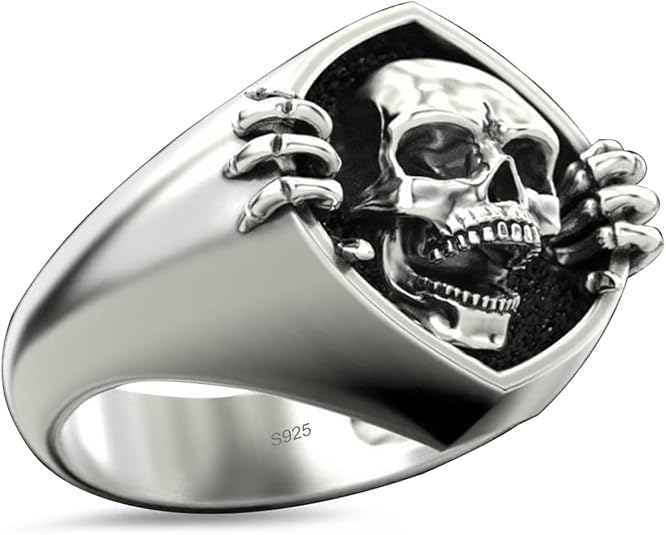 Cool Skull Rings for Men Women,S925 Sterling Silver Punk Biker Gothic Cocktail Party Halloween Snooping Skull Head Ring Jewelry for Him Her