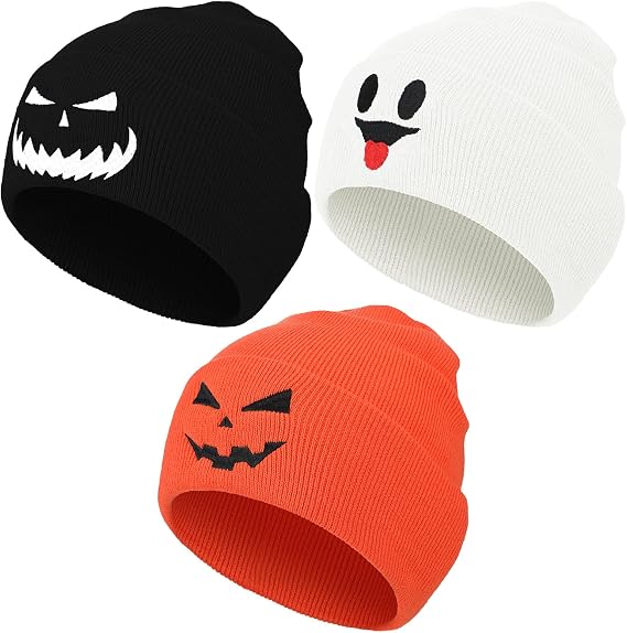 Jetec 3 Pcs Halloween Beanie Hat Pumpkin Ghost Skull Slouchy Knit Cap - skull hat