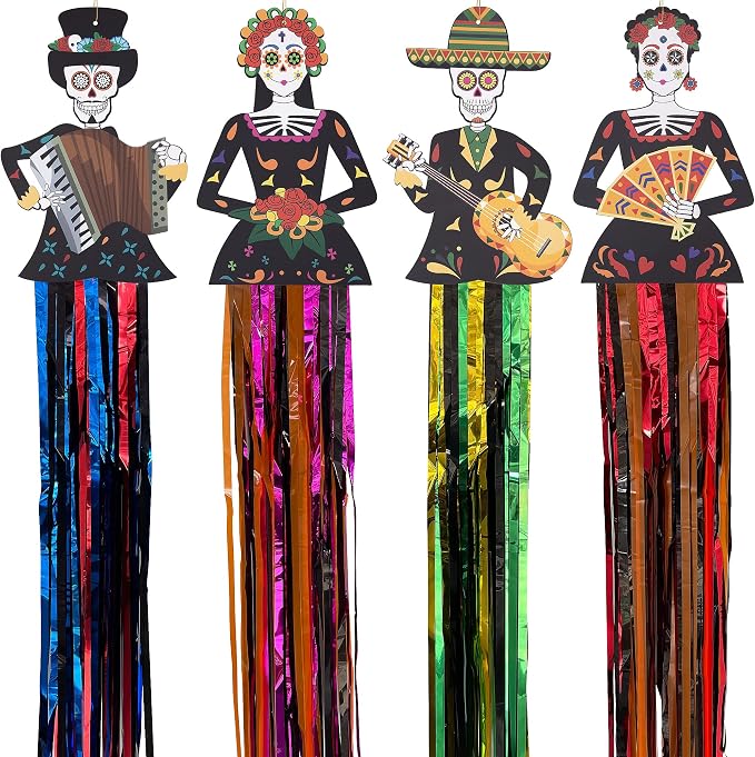 4 Pcs 39" x 9" Day of the Dead Sugar Skull Hanging Decorations - string light