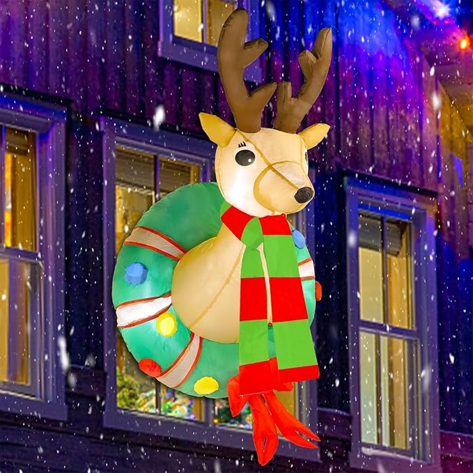 Juegoal 4 FT Christmas Inflatable Rudolph Wreath, Lighted Blow Up Reindeer with Built in LED Lights, Indoor/Outdoor Xmas Holiday Decor, Light Up Front Door Window Lawn Yard Garden Decorations - skull inflatable