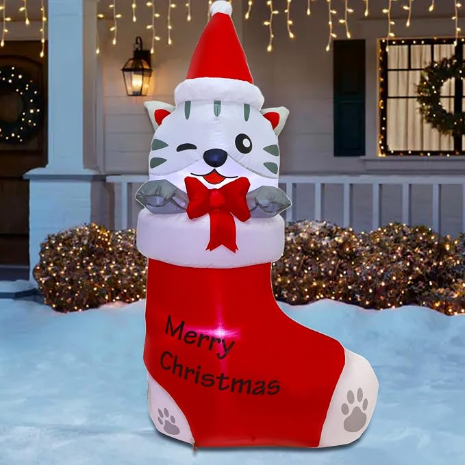 Juegoal 5 FT Christmas Inflatables Outdoor Decorations, Inflatable Kitten in Xmas Stocking, Lighted Blow Up Cat Standing on Christmas Socks with Built in Lights for Holiday Lawn Yard Garden Decor - skull inflatable