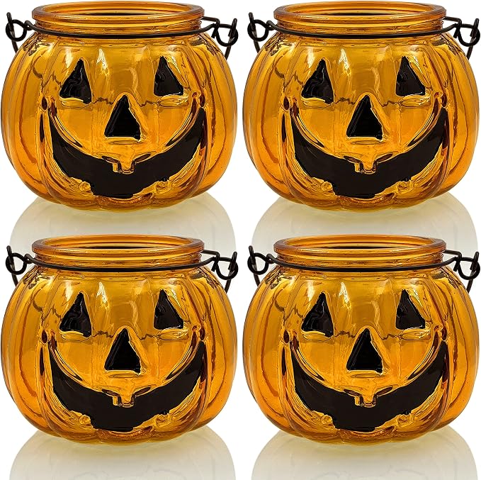 Halloween Candle Holders Set of 4, SHMILMH Tealight Votive Candle Holders with Grimace, Metal Hanging Pumpkin Jack O Lanterns Decorative Halloween Table Centerpiece Orange - skull candle