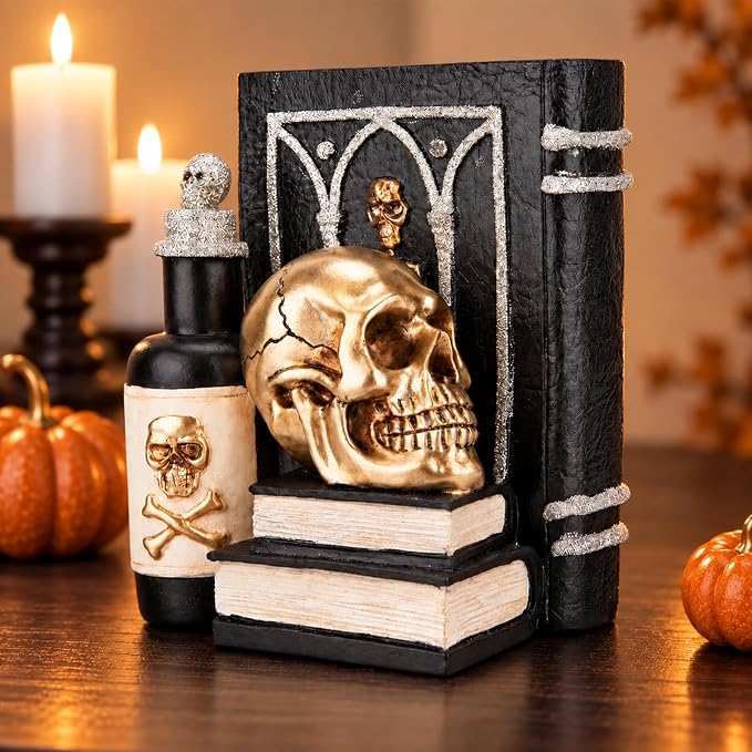 Halloween Skull Figurine, Gothic Book & Potion Bottle Indoor Tabletop Decor - skull bottle