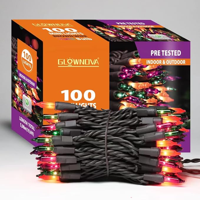 Brown Wire, Orange & Purple & Green 100 Incandescent Bulb Mini String Lights for Indoor Halloween Tree Home Garland Birthday Wedding Party Festival Decoration - string light