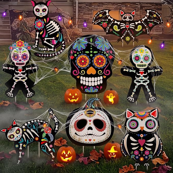 Yerliker 8 Pcs Day of The Dead Yard Decor, Sugar Skull Signs, Colorful