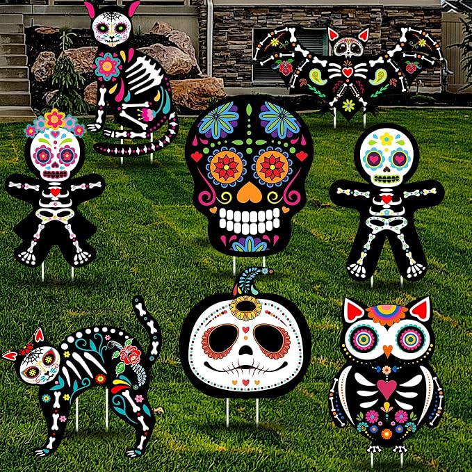 Yerliker 8 Pcs Day of The Dead Yard Decor, Sugar Skull Signs, Colorful - skull inflatable