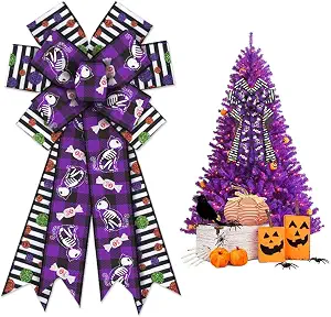 Large Halloween Wreath Bows, Black White Stripe Buffalo Bows for Wreath Glitter Dot Purple Plaid Bows for Front Door Candy Skull Cat Tree Topper Bows for Halloween Party Home Indoor Outdoor Decor - skull wreath