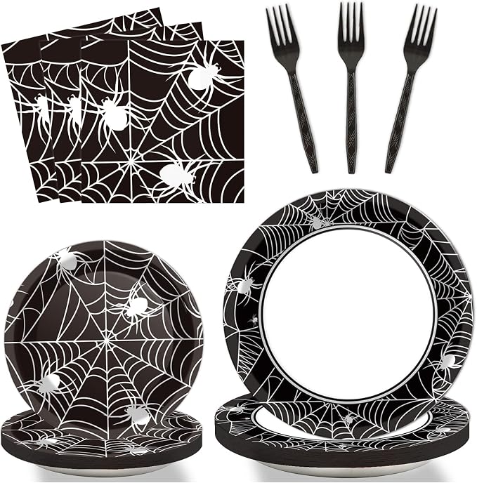 96 Pcs Halloween Party Paper Plates Napkins Supplies Set Spider Web Disposable Tableware Decorations Get Together Celebration Halloween Birthday Party Favors for 24 Guests - skull plate
