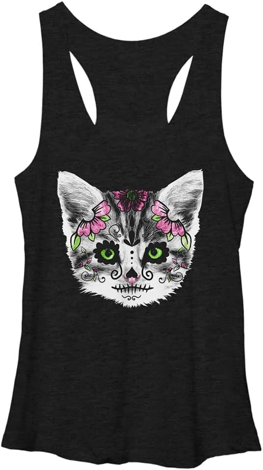 Fifth Sun Lost Gods Sugar Skull Kitten Women's Racerback Tank Top, Black Heather, XX-Large - skull tank tops