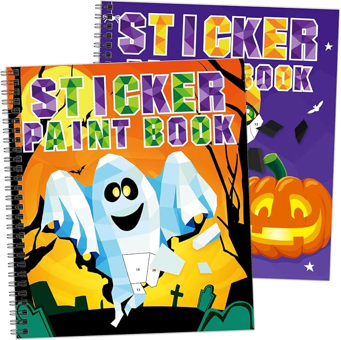 TBEEJ 2PCS Halloween Crafts for Kids Ages 4-8 Sticker Paint Books Includes Pumpkin Mummy Witch Monster and More Designs Gift Party Create 20 Pictures Sticker Sheets are Separate - skull sticker
