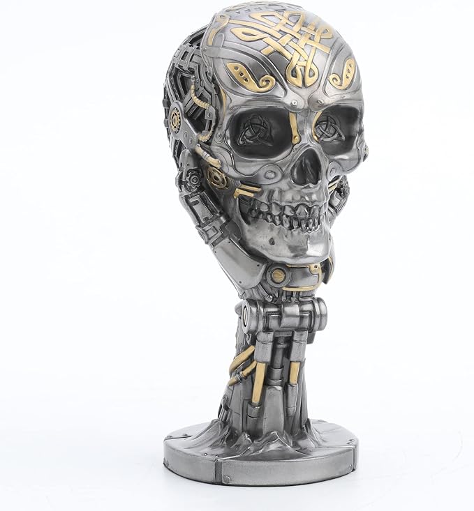 Veronese Design 7 1/8" Steampunk Thinker Statue Mechanical Skull Sculpture Metallic Finish - skull figurine