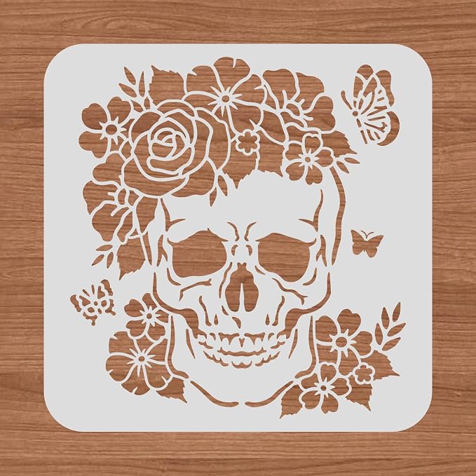 BENECREAT 12x12inch Skull Plastic Cutouts Painting Template, Butterfly, Flower Pattern Decoration Stencils for Art Spraying, DIY Home Decor, Paint Wooden Signs - skull painting