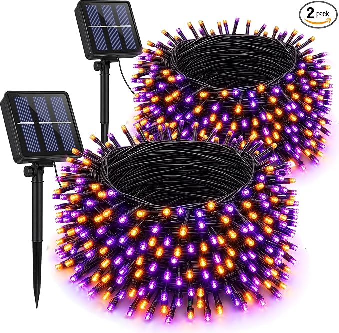 Dazzle Bright 2 Pack Total 400LED 132FT Halloween Solar String Outdoor Lights, 8 Modes Waterproof Halloween Lights for Bedroom Patio Garden Tree Party Yard Decoration (Purple & Orange) - string light