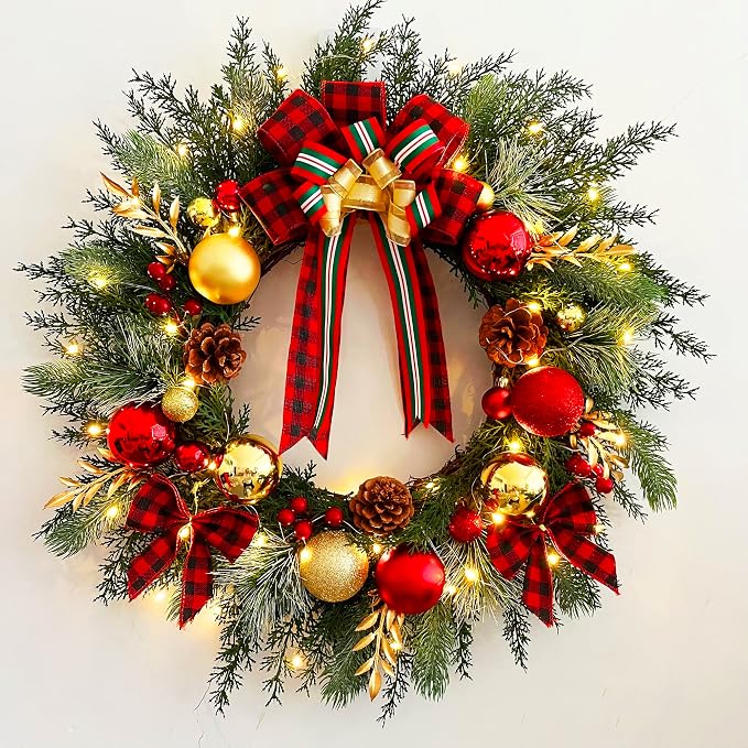TOKCARE Christmas Wreath with Lights 20 Inch with Red Plaid Bow and Ball - skull wreath