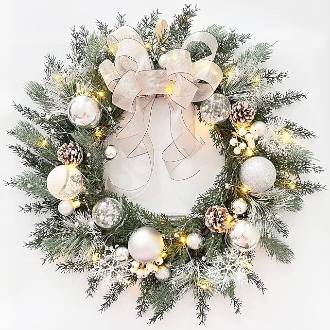 TOKCARE Prelit Christmas Wreath with White Bow and Ball Ornaments, 20 Inch - skull wreath