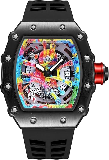 PINTIME Mens Luxury Tonneau Fashion Hallow Punk Graffiti Art Dial Hip-hop Unique Sports Wrist Watch Japanese Movement Luminous Design with Silicone Band - skull watch