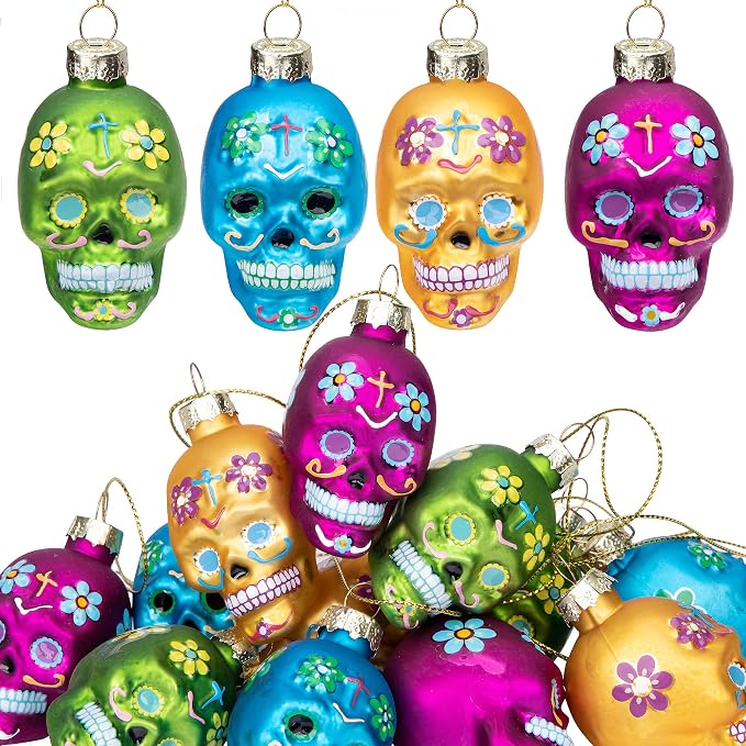 12 Pcs Day of The Dead Glass Ornaments, Halloween Skull Hanging Decorations - skull figurine