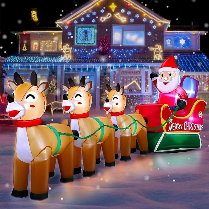 12 Ft Long Christmas Inflatables Santa Reindeer Sleigh Outdoor Decorations, Blow Up Santa Claus with 3 Reindeer Built-in LED Light for Xmas Holiday Party Garden Patio Lawn Decor - skull inflatable