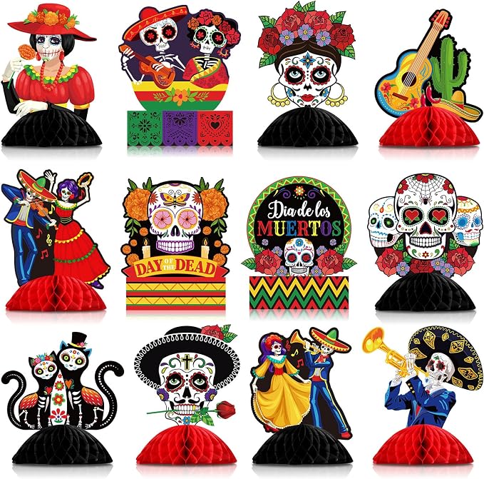 Pajean 12 Pcs Day of The Dead Table Decorations Honeycomb Centerpieces - skull sticker