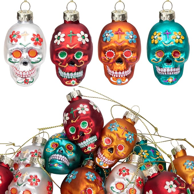12pcs Day of The Dead Glass Ornaments-Dia De Los Muertos Sugar Skull Decor - sugar skull ornament