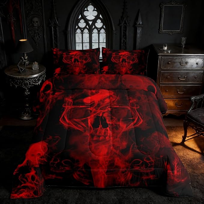 Gothic Skull Bedding Set Red Black Skeleton Comforter Set King For Kids - skull bedding