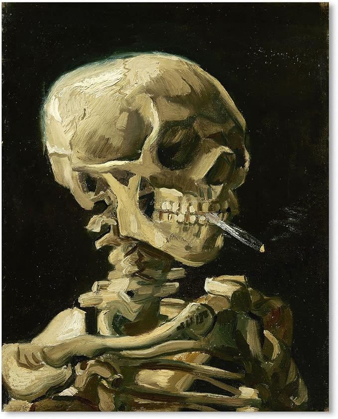 1 KINGO Van Gogh Canvas Wall Art: Skull of a Skeleton with Burning Cigarette Oil Painting Picture Reproduction Bedroom Decor, Famous Prints Gothic Poster Home Decoration 12" x 15" - skull painting