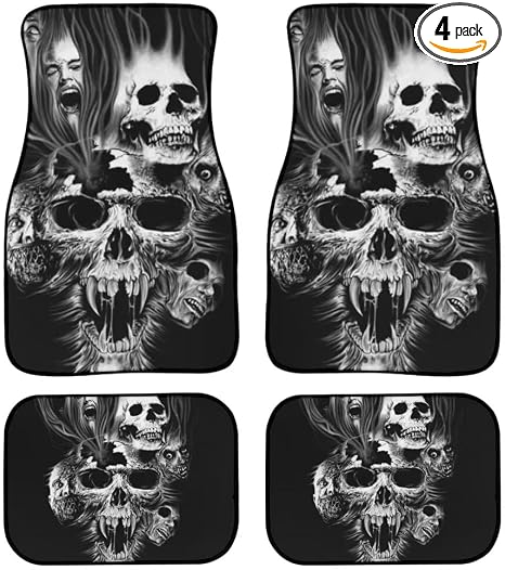 Dellukee Front and Rear Rubber Floor Mats Set Skull Print Waterproof Universal Fit Car Floor Mats, Fit for SUV, Vans, sedans, Trucks, Set of 4