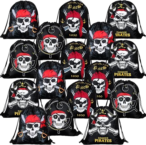 Kacctyen 24 Pcs Pirate Party Favor Goody Candy Treat Bags Halloween Pirate Captain Skull Gift Drawstring Bags for Boys Girls Adventure Themed Birthday Party Supplies Decoration(16 Pieces) - skull backpack