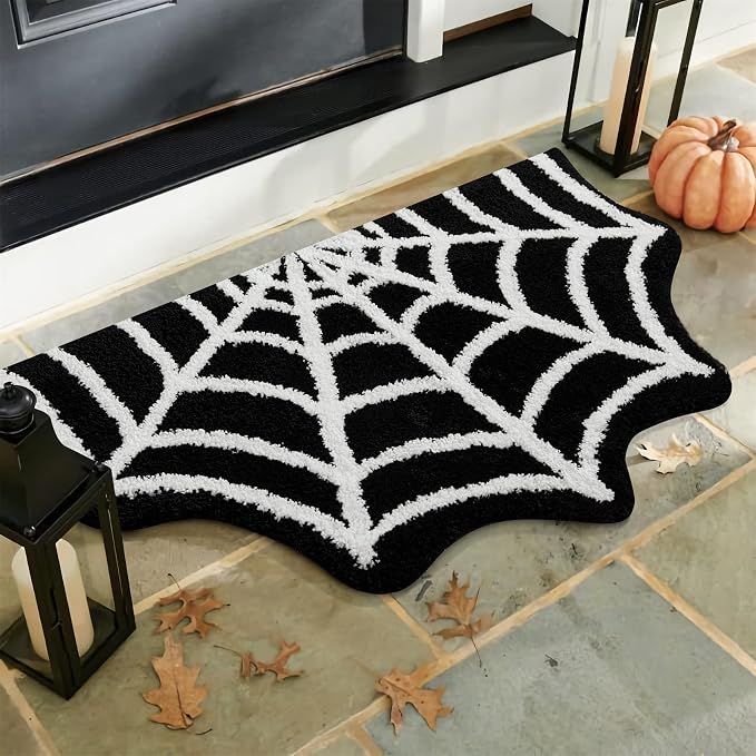 Estmy Gothic Rug Spider Web Indoor Halloween Rug 2x3, Plush Gothic Cute Fun Halloween Bathroom Rugs Non Slip Kitchen Mat Washable, Halloween Throw Area Rugs for Front Door Porch Indoor Doormat - skull floor mat