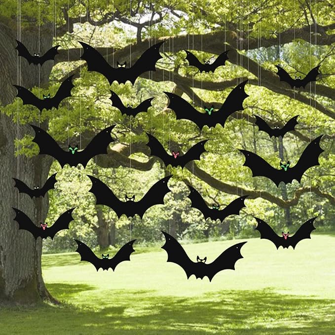 (18 Pcs) Hanging Bats Halloween Decoration Outside, Large Flying Plastic Bats Outdoor Decor, 3 Different Sizes with Cute Eye Stickers for Hanging in The Tree, Porch, Yard, Lawn, Indoor - string light