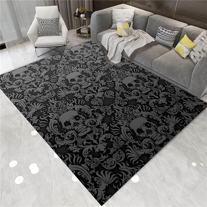 Vintage Black Gothic Skull Area Rugs Home Decor Halloween Rug Non Slip Soft Carpet Throw Rugs Floor Carpet Goth Decor Witch Wiccan Decor for Living Room Bedroom 5'x7' - skull carpet