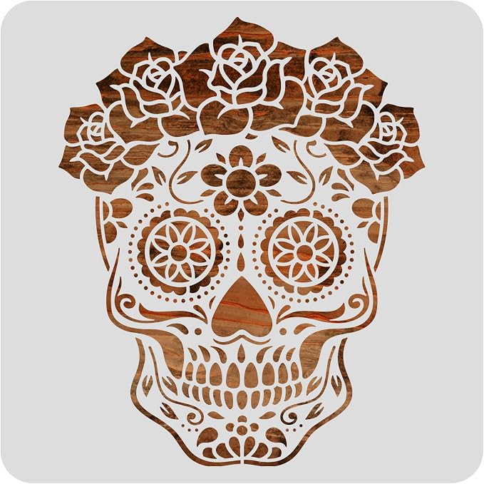 BENECREAT 12x12 inch Mexico Sugar Skull Starry Painting Art Templates, Reusable Day of the Dead Halloween Stencil for DIY Projects, Painting, Drawing, Crafts - skull painting