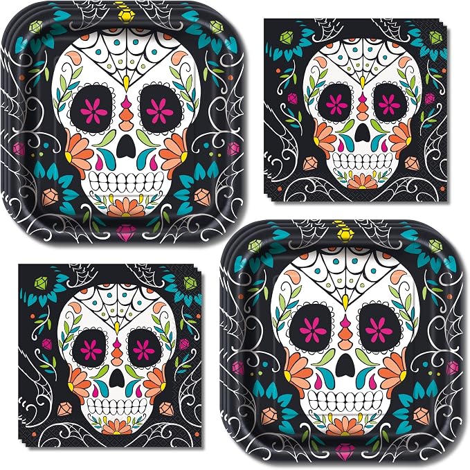 Day of the Dead Paper Dinner Plates and Napkins, Party Supplies, Serves 16 - skull plate