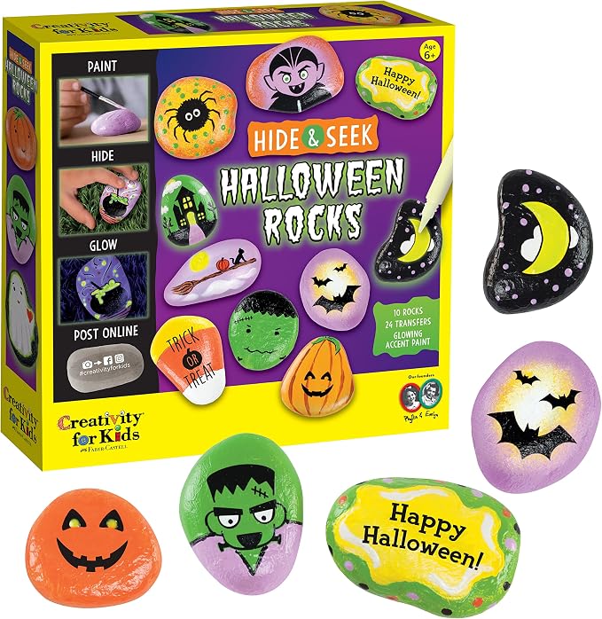 Creativity for Kids Hide & Seek Halloween Rocks | DIY Rock Painting Kit with Glowing Transfers | Fun Halloween Activities & Gifts (Ages 6+) - skull painting
