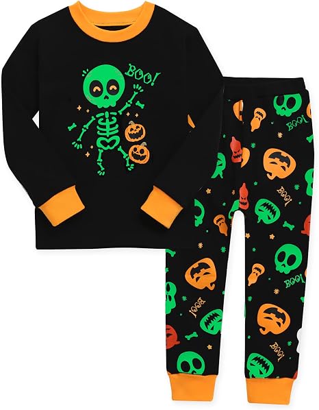 VAENAIT BABY Toddler Kids Junior Girls Boys Halloween Novelty Holiday Glow in the Dark Pajama Set - skull pajamas