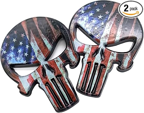 2-Pack 3D Skull Emblem Metal Decals Skeleton Stickers Badge Decoration Cars,Trucks, Motorcycle, Vehicle, Luggage, Laptop (American Flag) - skull sticker