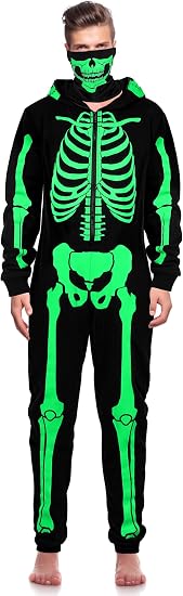 SOMSOC Men Halloween Skeleton Costume Glow in the Dark Adult Skeleton Onesie with Skull Face Cover - skull pajamas
