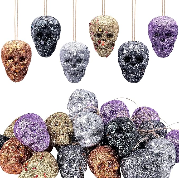 18 Pcs Mini Glitter Hanging Skull Heads, Halloween Skull Hanging Ornament - sugar skull ornament