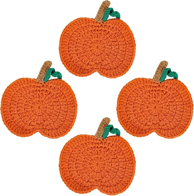 Whaline 4 Pack Fall Pumpkin Coaster Handmade Crochet Drink Coaster Woven Pumpkin Cup Mat Pad for Autumn Harvest Thanksgiving Halloween Home Kitchen Office Housewarming Party Table Decoration - skull coaster